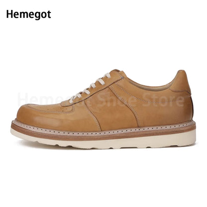 Round Toe Thick Soled Board Shoes Retro Genuine Leather Wear-Resistant Breathable Solid Color Casual Shoes Handmade Men's Shoes