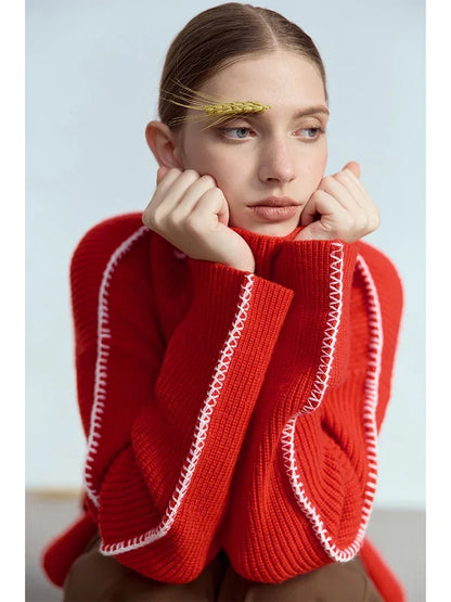 Damen-Rollkragenpullover Wolle Stickerei locker Weihnachten Winter