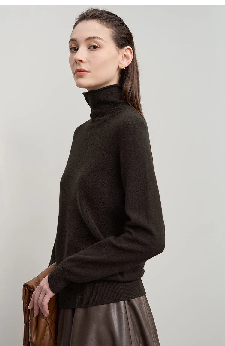 Damen-Rollkragenpullover Wolle-Kaschmir locker einfarbig Herbst