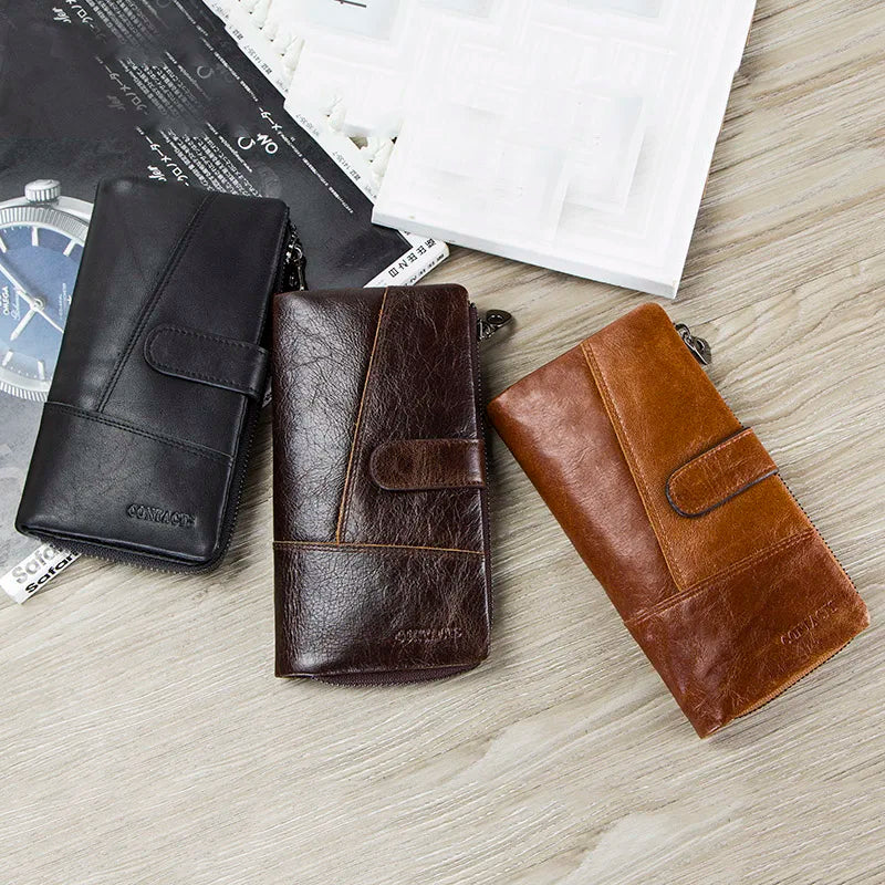 Herren Echtleder Lange Geldbörse Vintage Bifold Reißverschluss Kartenhalter Geldclip
