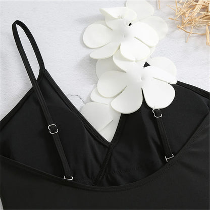 Damen Badeanzug Sarong 3D-Blumen tiefer V-Ausschnitt hoher Beinausschnitt