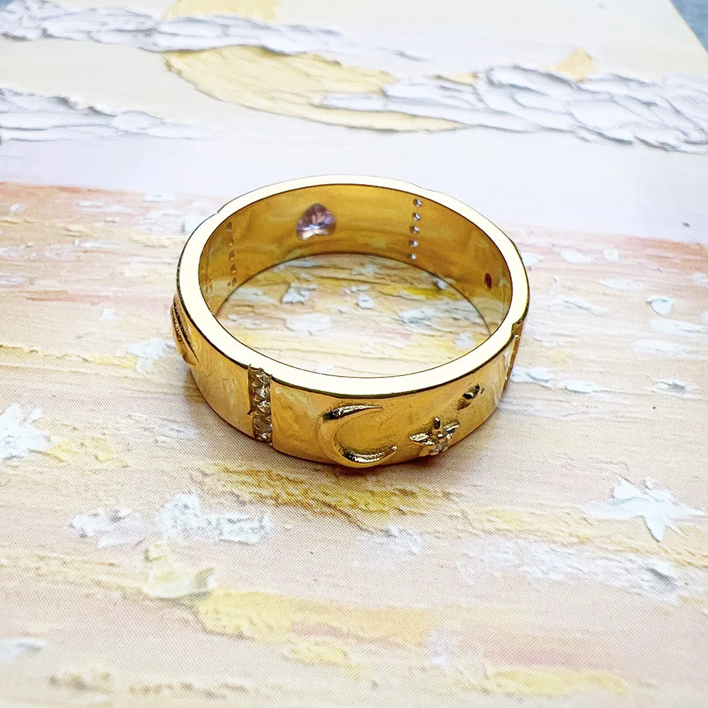 Damen-Ring kosmische Motive golden Talisman aus Sterlingsilber
