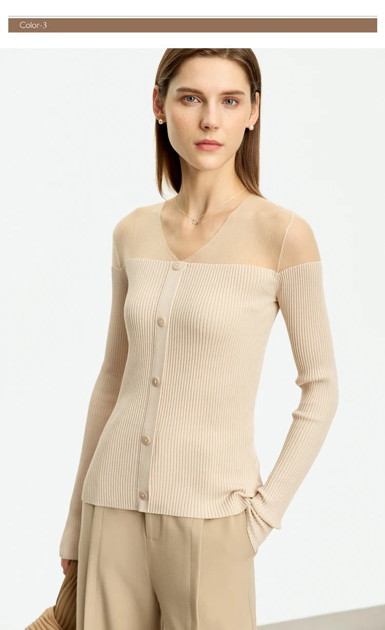 Damen-Pullover mit V-Ausschnitt und Knopfleiste, lange Ärmel, beiger Schmalfit-Rippstrick