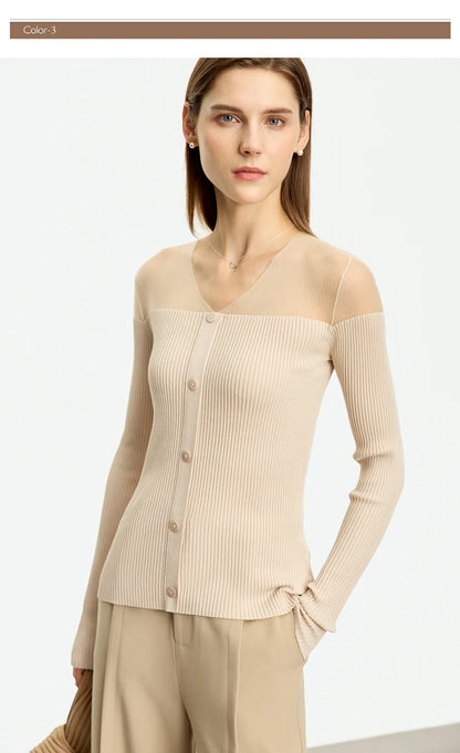 Damen-Pullover mit V-Ausschnitt und Knopfleiste, lange Ärmel, beiger Schmalfit-Rippstrick