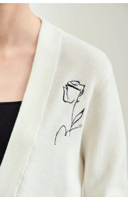Damen-Strickjacke V-Ausschnitt Stickerei locker Langarm Herbst