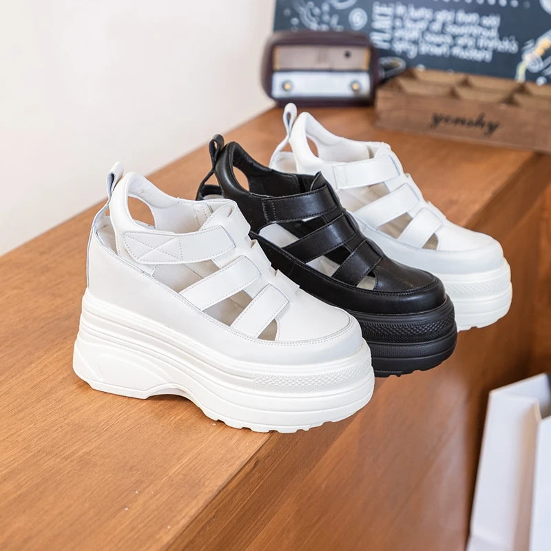 Damen-Sandalen mit Plattform, 2025, neue Sandalen aus echtem Leder mit hohem Absatz, geschlossene Zehen, interne Erhöhung, römische Damen-Sandalen