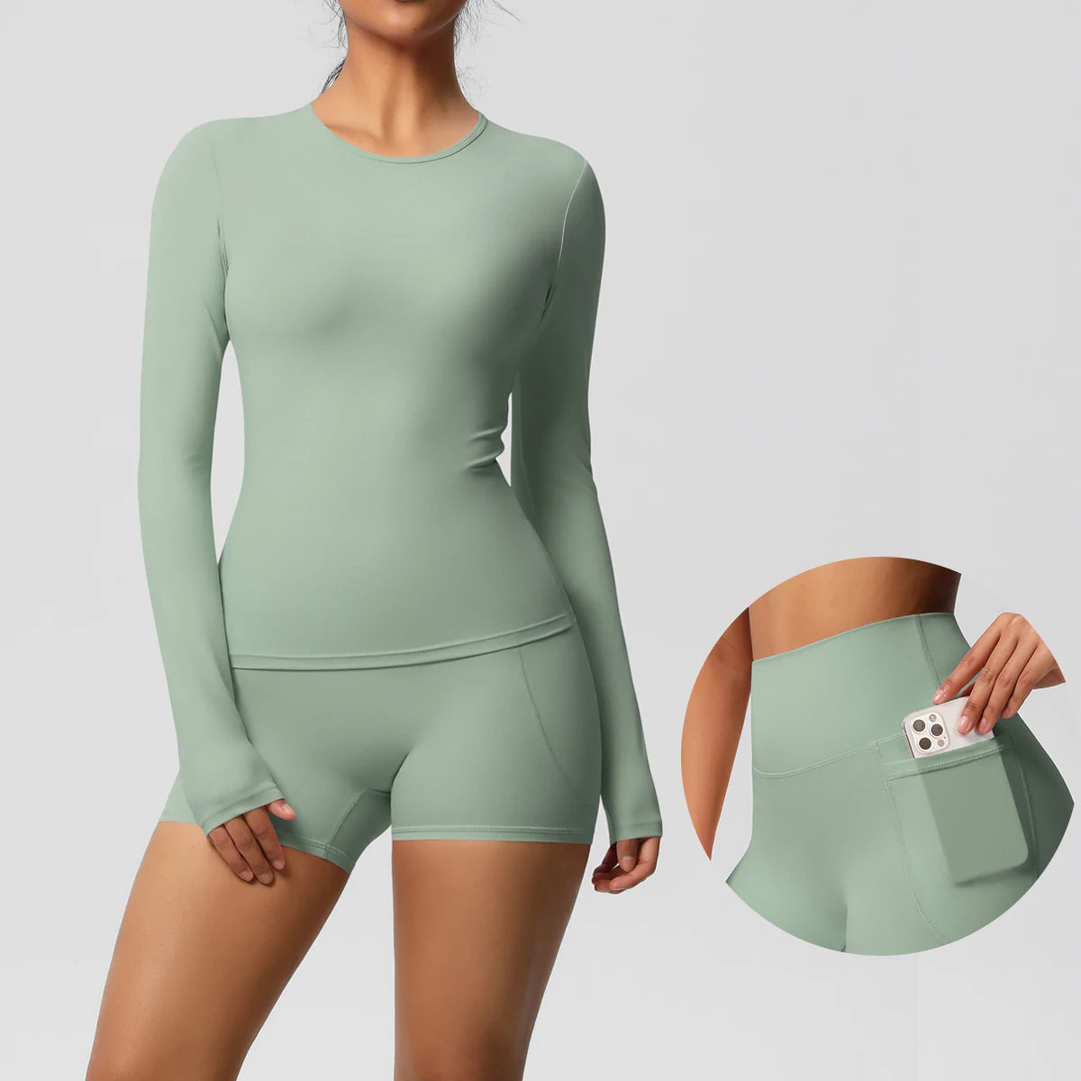 Damen-Yoga-Set mit langarmigem Oberteil und Shorts, mintgrün