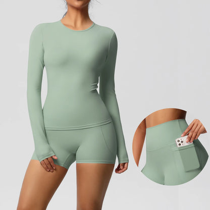 Damen-Yoga-Set mit langarmigem Oberteil und Shorts, mintgrün