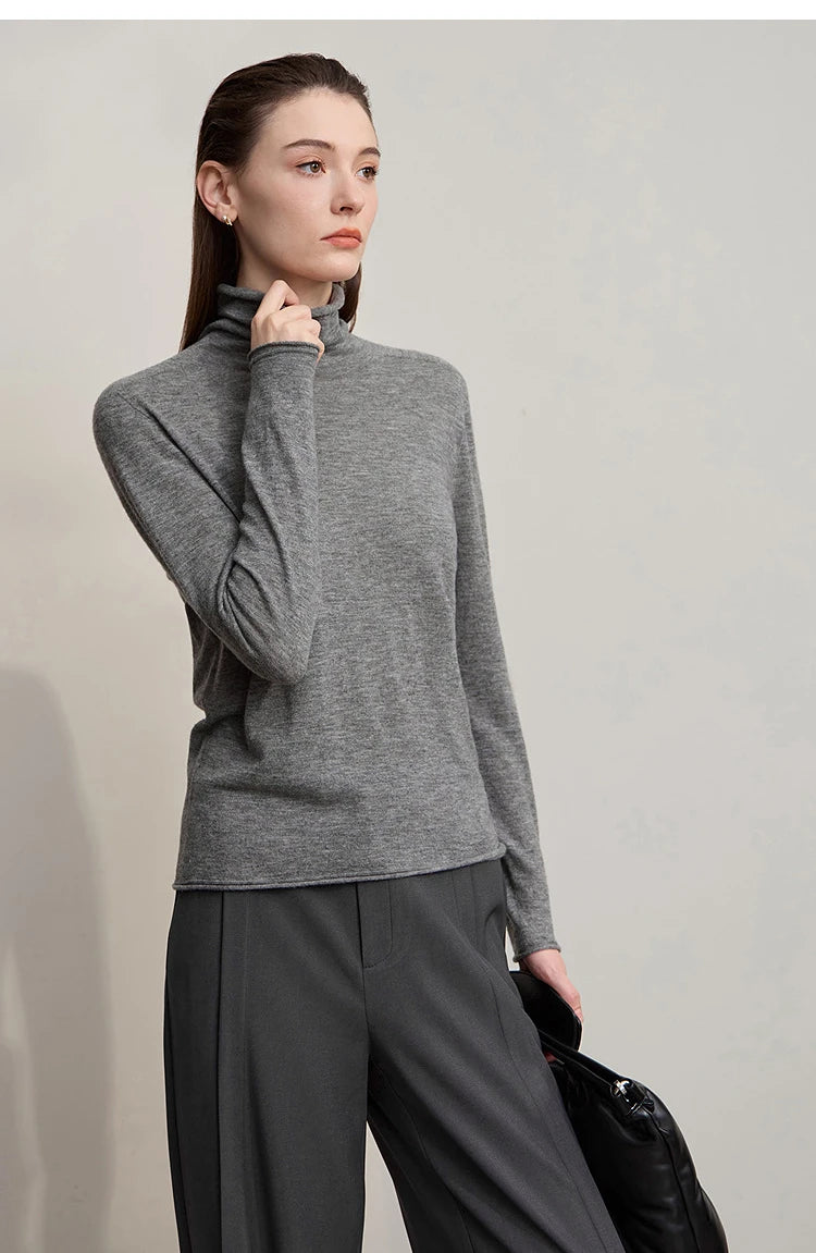 Damen-Rollkragenpullover 100 % Wolle gerade einfarbig Herbst-Winter