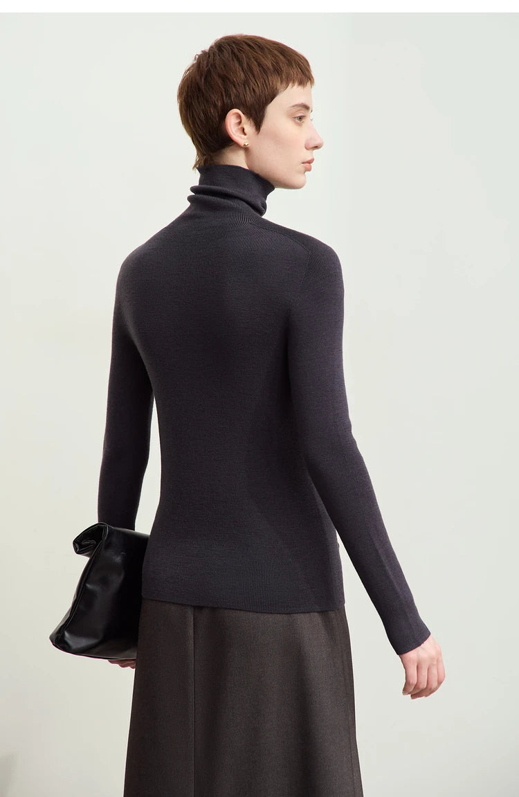 Damen-Rollkragenpullover 100 % Wolle Kammgarn schlank Winter