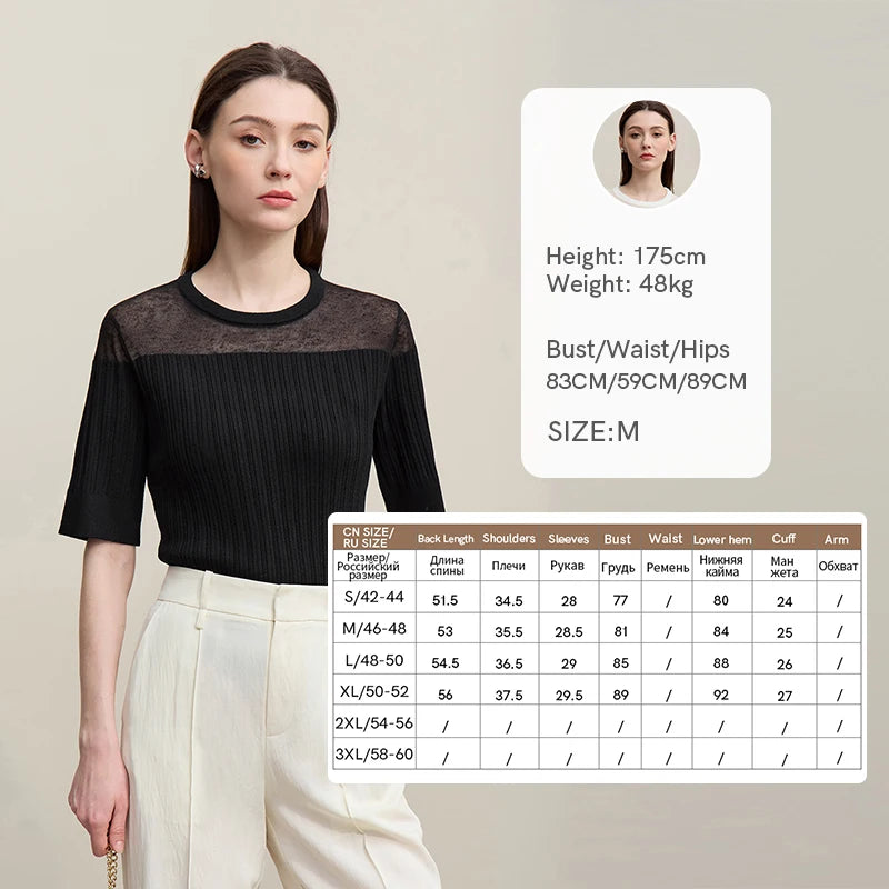 Schwarzes Stricktop mit Rundhalsausschnitt, kurzarm, transparentes Oberteil