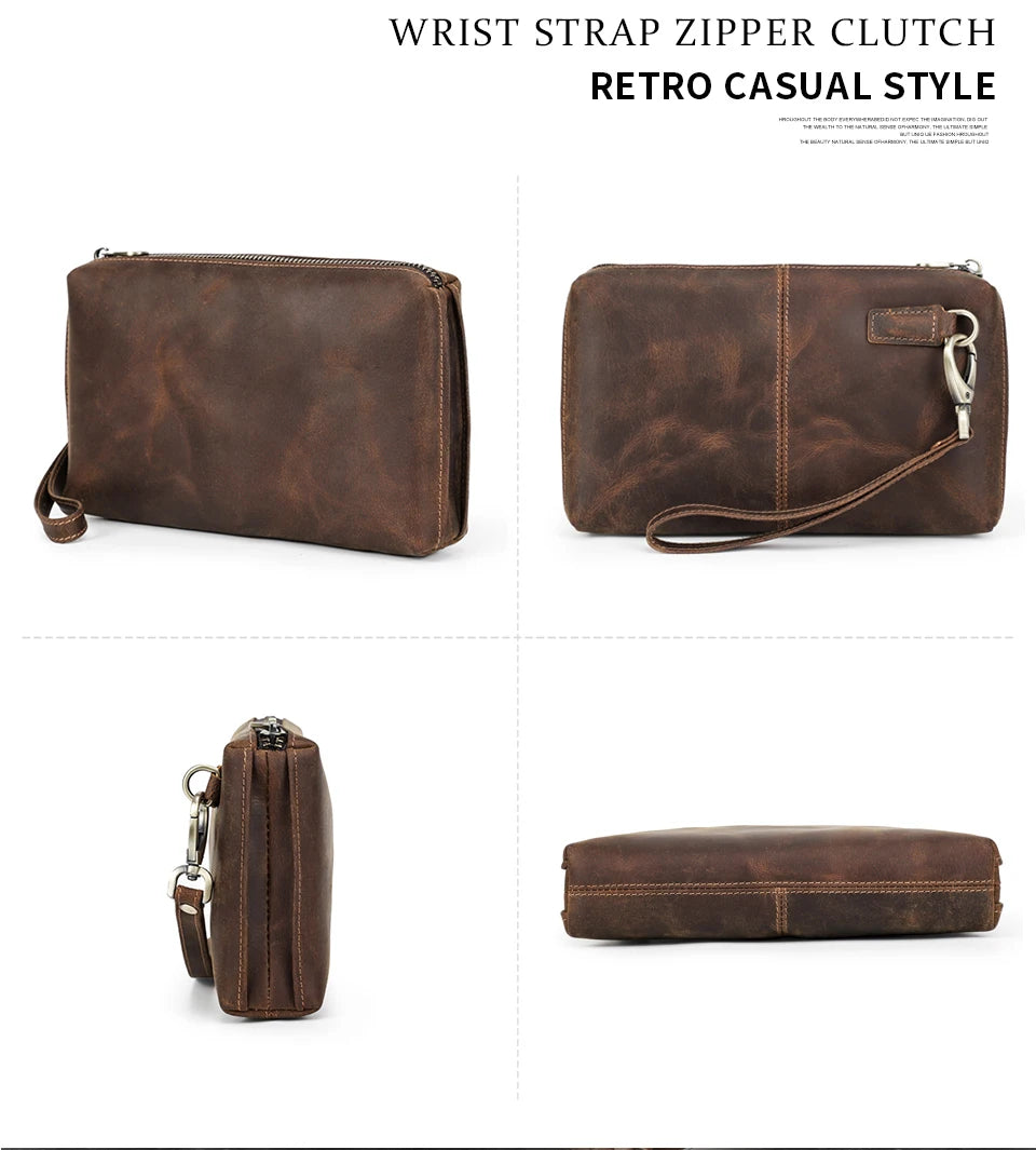 Braune Herren-Lederclutch mit abnehmbarem Tragegurt und Metallring