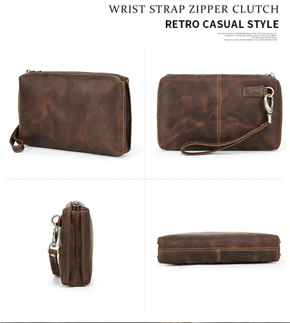 Braune Herren-Lederclutch mit abnehmbarem Tragegurt und Metallring