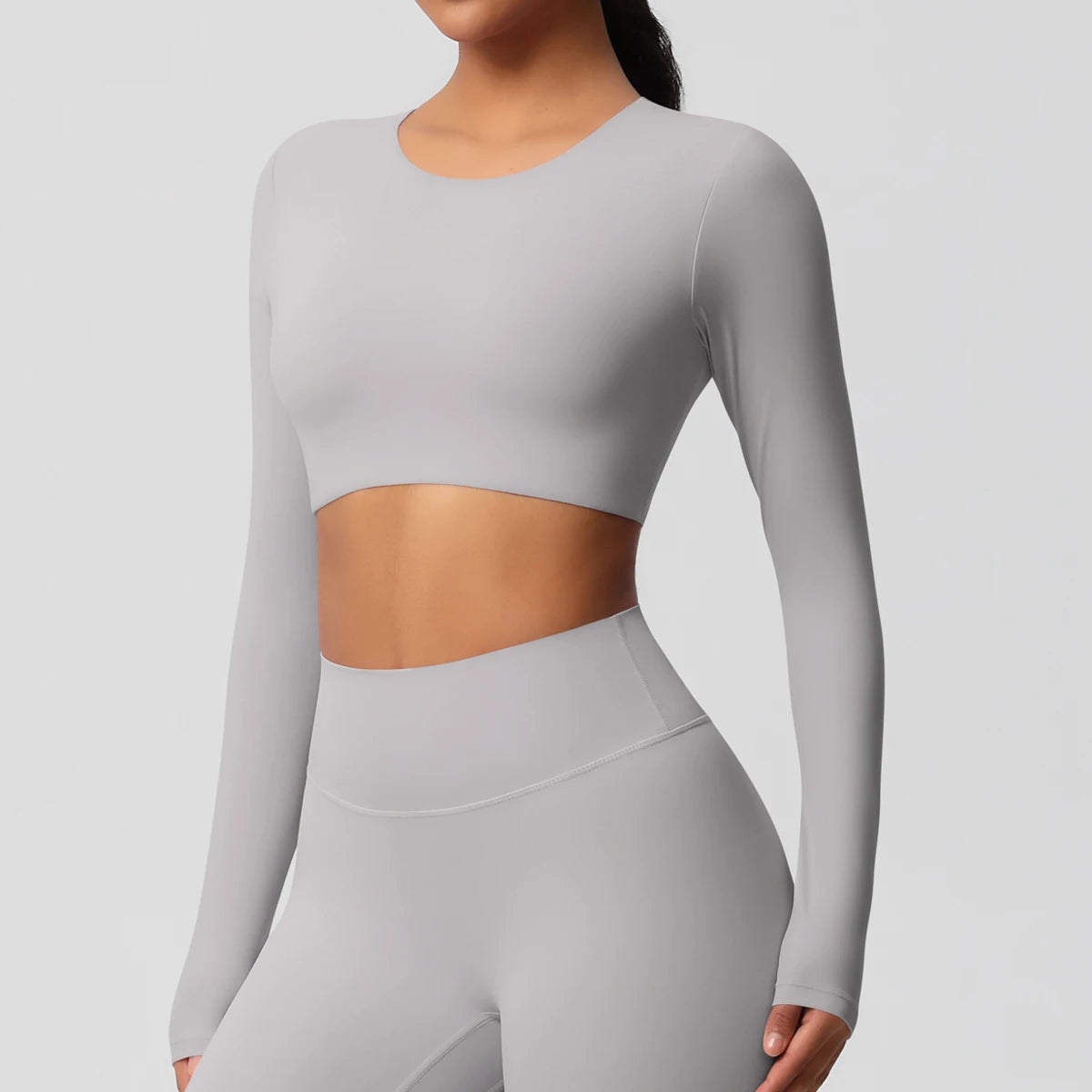 Sporttop für Damen, langarm, rundhalsausschnitt, hellgrau, figurbetont
