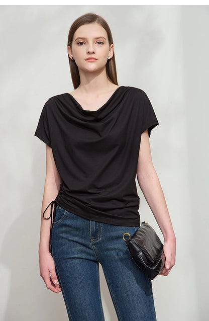 Damen T-Shirt aus Modal-Baumwolle mit kurzen Rotator-Ärmeln und Swing-Neck