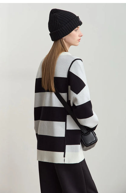 Damenpullover schwarz-weiß gestreift mit Rundhals, lange Ärmel, lockere Silhouette