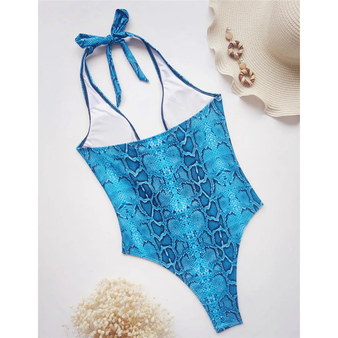 Damen Badeanzug Schlangenhaut Neckholder Bauch-Cut-Out Monokini Einteiler
